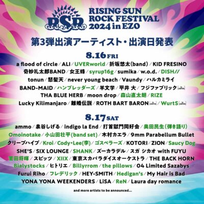 【RISING SUN ROCK FESTIVAL 2024 in EZO】ライジングサン第3弾発表でUVERworld、DISH//、奥田民生、菅田将暉、RIZEら23組追加