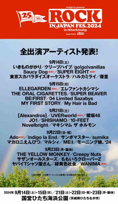 茨城「ROCK IN JAPAN FESTIVAL 2024 in HITACHINAKA」最終発表でELLEGARDEN、SUPER EIGHT、Adoら6組追加