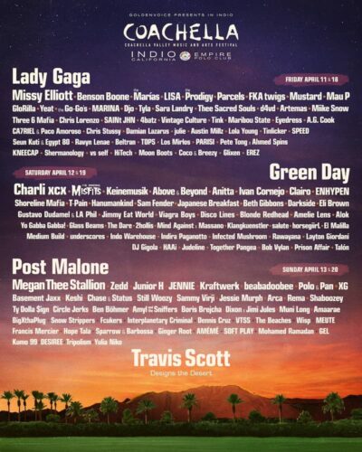 【Coachella 2025】コーチェラのラインナップ発表で、Lady Gaga、Green Day、Post Malone、Travis Scott、XGら出演決定