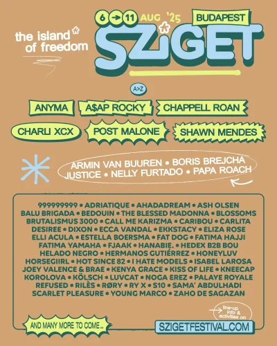 8月ハンガリー「Sziget Festival 2025」にチャペル・ローン、チャーリー・XCXら決定。日本からは花冷えが出演