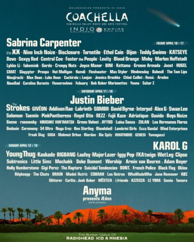 【Coachella 2026】コーチェラのラインナップ発表で、Sabrina Carpenter、Justin Bieber、Karol G、日本から藤井風、Creepy Nutsら出演決定