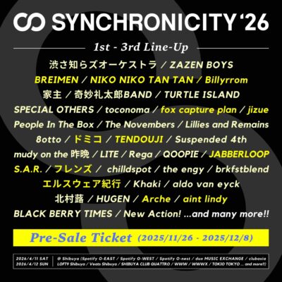 【SYNCHRONICITY’26】シンクロニシティ第3弾発表でBREIMEN、NIKO NIKO TAN TAN、Billyrromら13組追加
