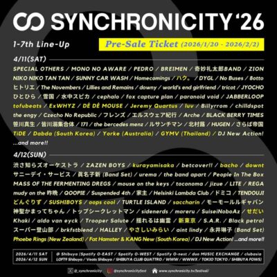 【SYNCHRONICITY’26】シンクロニシティ第7弾発表でkurayamisaka、Jeremy Quartus、tofubeatsら22組追加